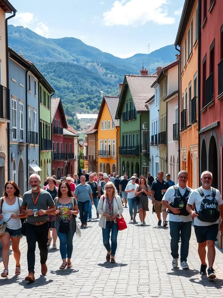 A lively group of tourists walking through a picturesque Basque town with colorful buildings and scenic views, representing the Cultural Walking Tour offered by Bespoke Basque.