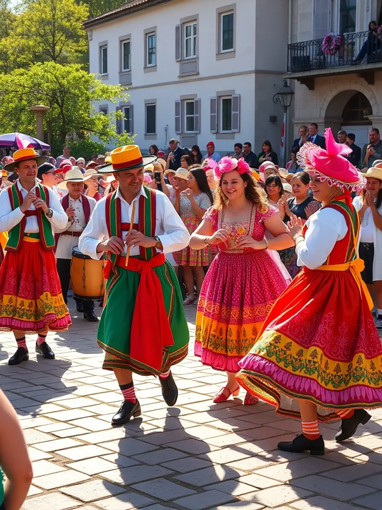 A group of people participating in a traditional Basque dance, with colorful costumes and lively music.