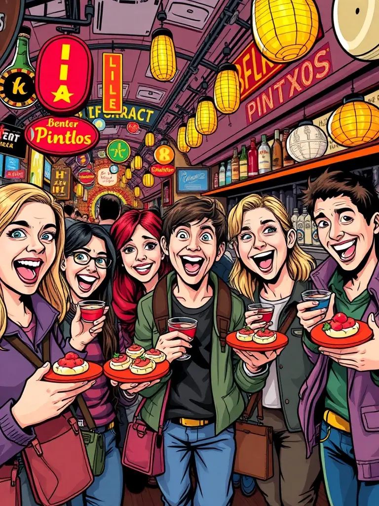 A vibrant image showcasing a group of tourists laughing and enjoying pintxos at a bustling bar in San Sebastian's Old Town, highlighting the lively atmosphere of a Bespoke Basque pintxo tour.