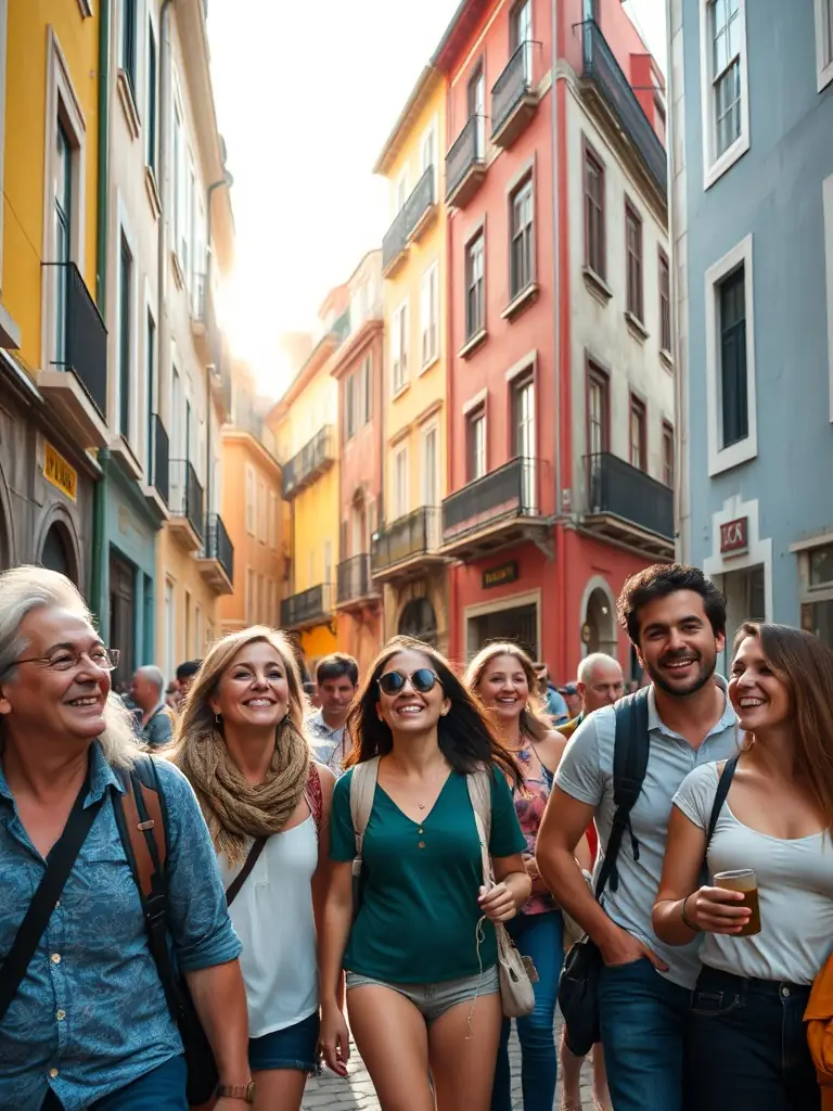 A vibrant image showcasing a group of tourists laughing and enjoying themselves on a walking tour through the old town of San Sebastián, with colorful buildings in the background.