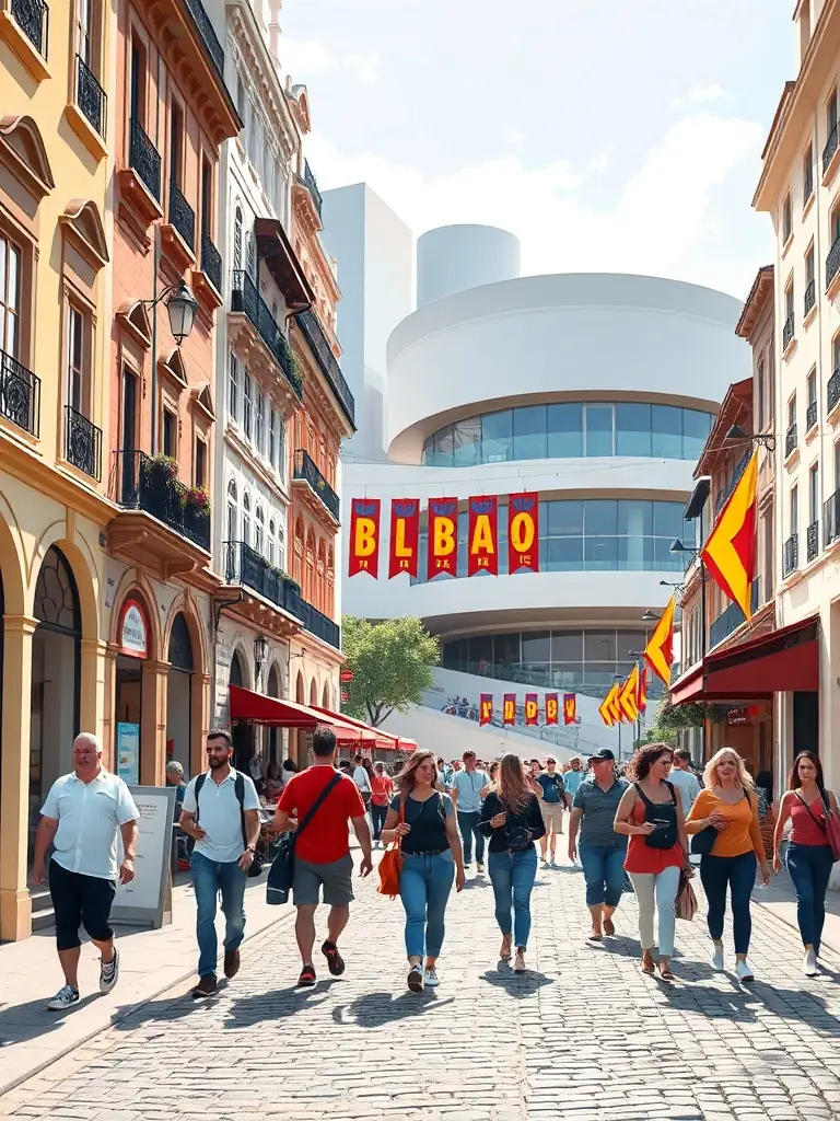 A picturesque image of a guided walking tour through the historic streets of Bilbao, highlighting the city's architecture and cultural landmarks.