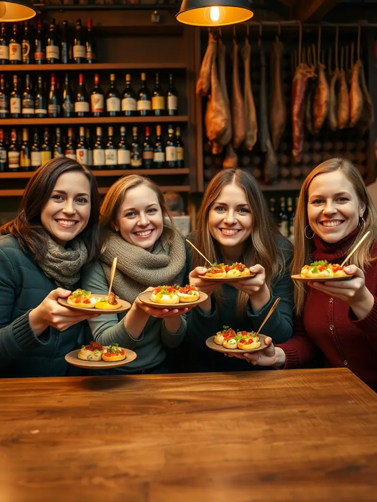 A vibrant image of people laughing and enjoying pintxos at a bar in San Sebastian, showcasing the lively atmosphere of a pintxo tour.