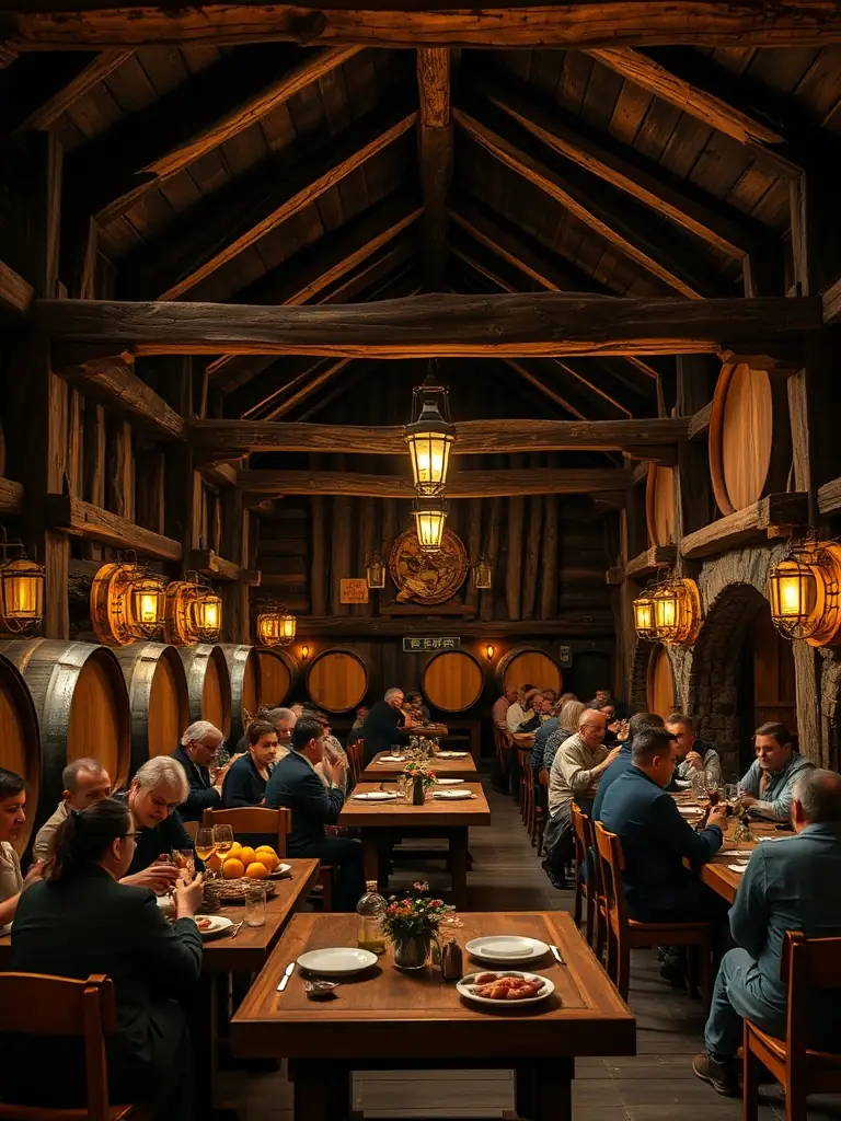 A captivating image of a traditional Basque cider house (sagardotegi) with wooden beams, large cider barrels, and people enjoying a hearty meal, promoting a Bespoke Basque cider house visit.