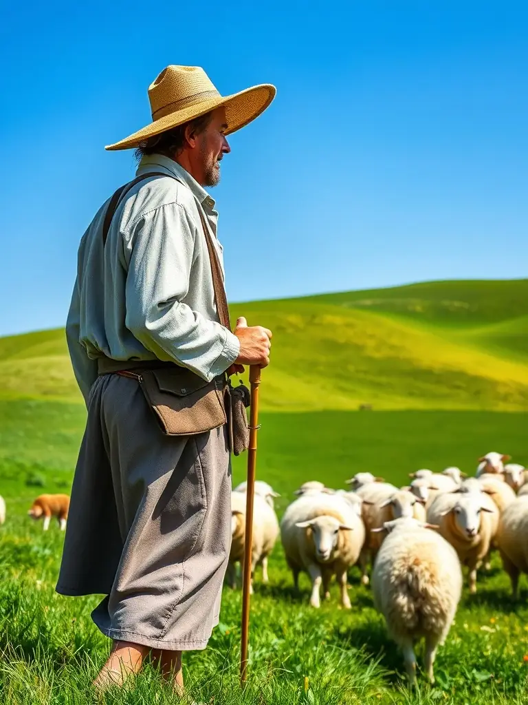A picturesque scene of a shepherd tending to sheep in the Basque countryside, with rolling green hills in the background.