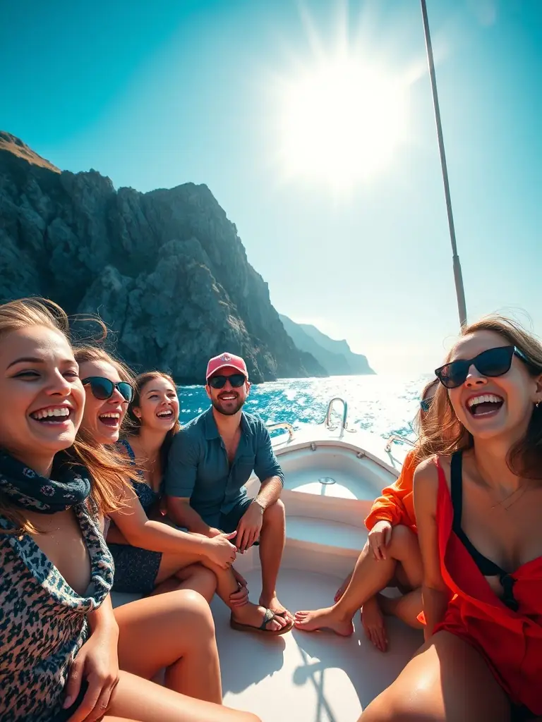 A group of people laughing and enjoying themselves during a private boat tour along the Basque coast, with stunning views of the cliffs and ocean.