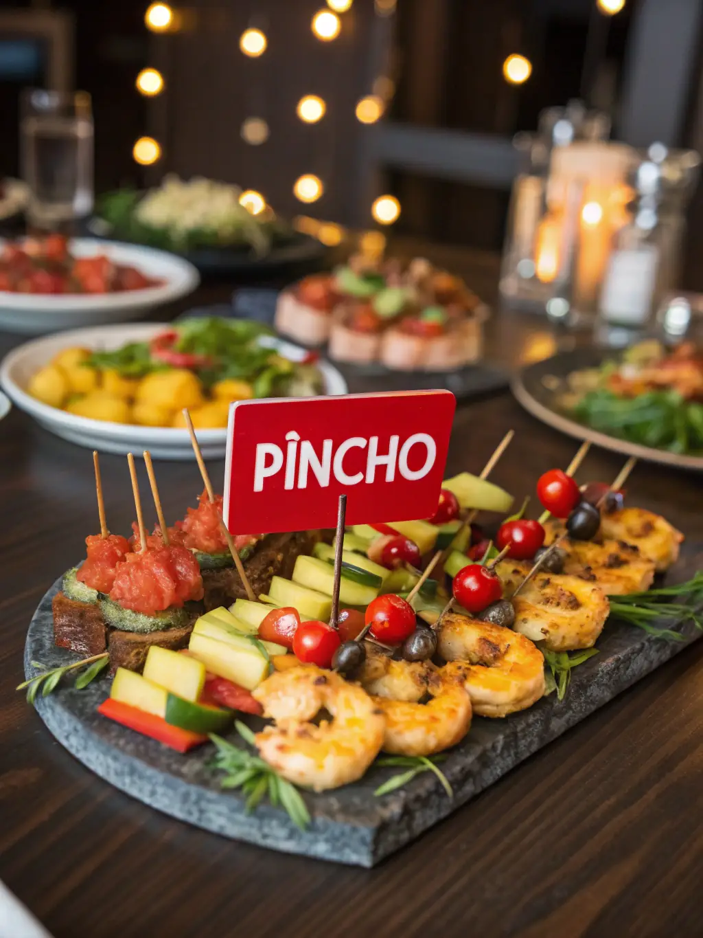 A close-up shot of a variety of pintxos (Basque tapas) arranged artfully on a bar counter, with blurred figures of people enjoying the food in the background.
