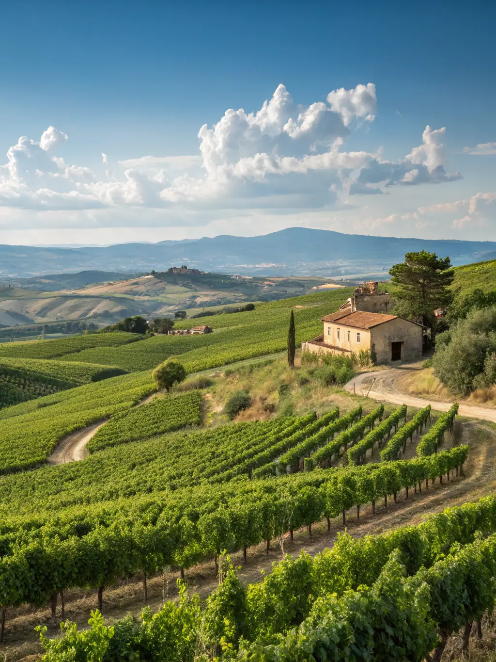A scenic view of a Basque vineyard with rolling hills and traditional Basque buildings in the background, under a clear blue sky.
