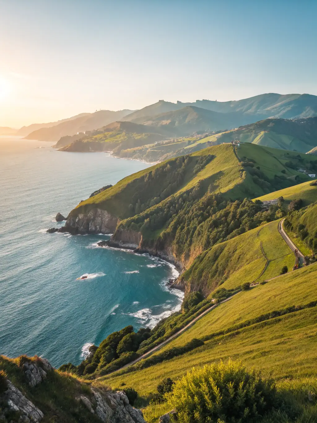 A panoramic view of the stunning Basque coastline with dramatic cliffs, turquoise waters, and a charming coastal village, showcasing the beauty explored on a Bespoke Basque coastal walking tour.