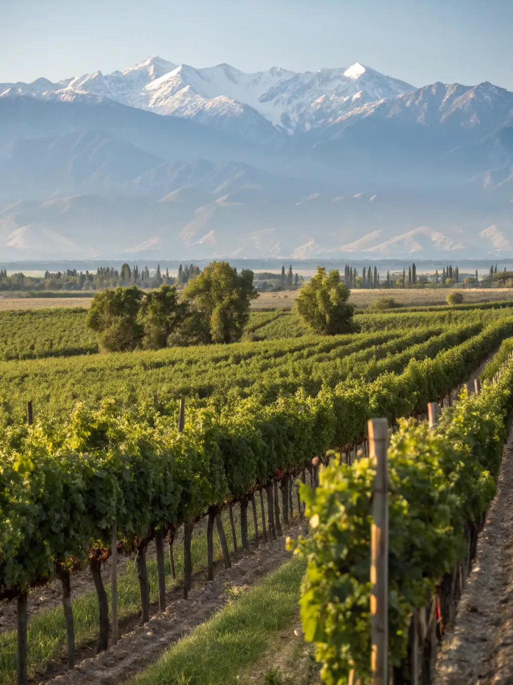 A scenic image of rolling vineyards in La Rioja Alavesa, with the Cantabrian mountains in the background, representing a wine tasting tour.